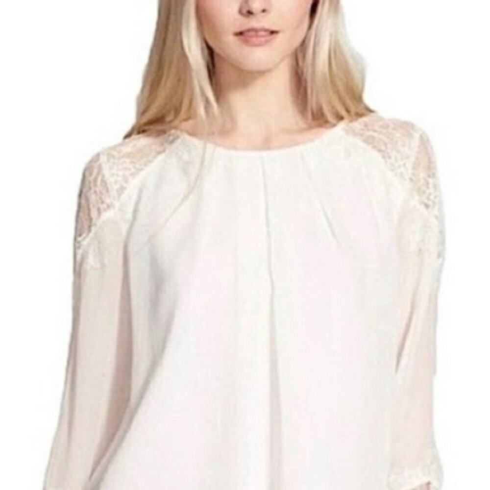 Alica & Olivia Creme Silk Blouse, Lace Shoulder Sz M